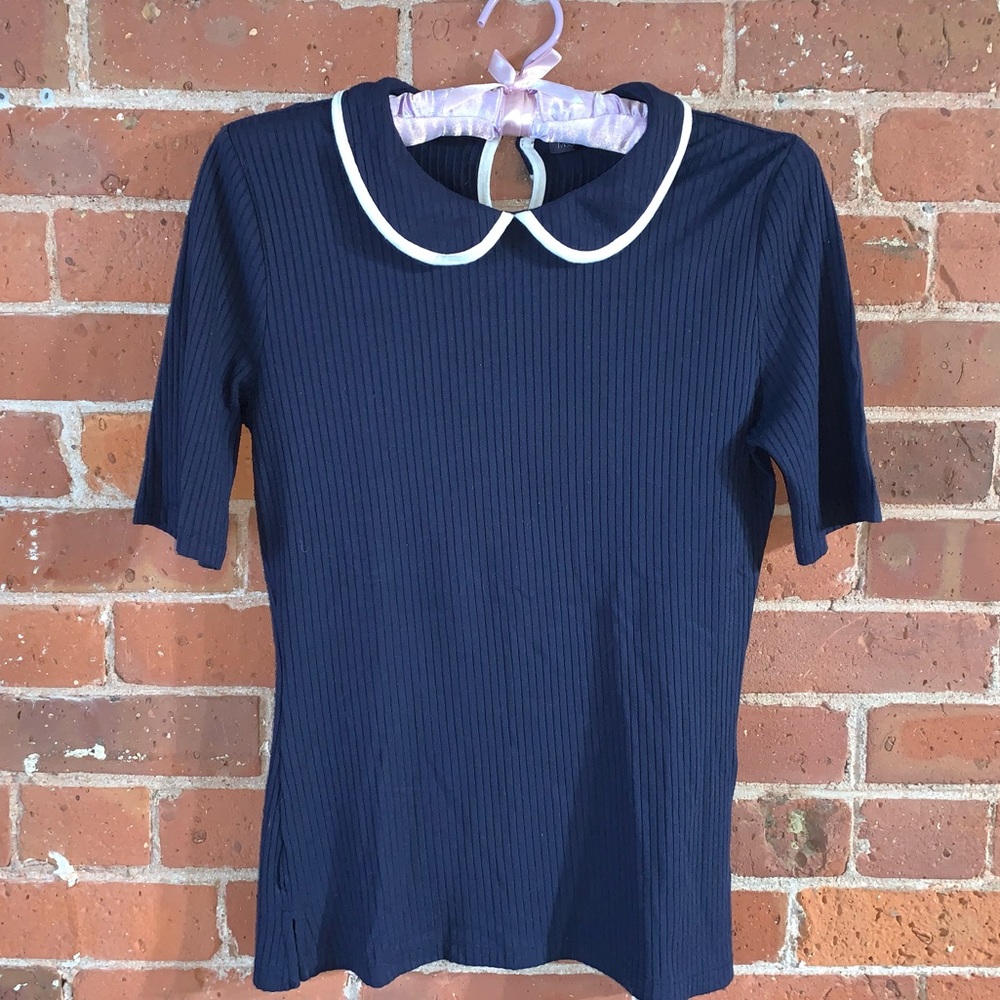 Marks and Spencer Ribbed Collared Keyhole Button Back Navy w White detail Blouse